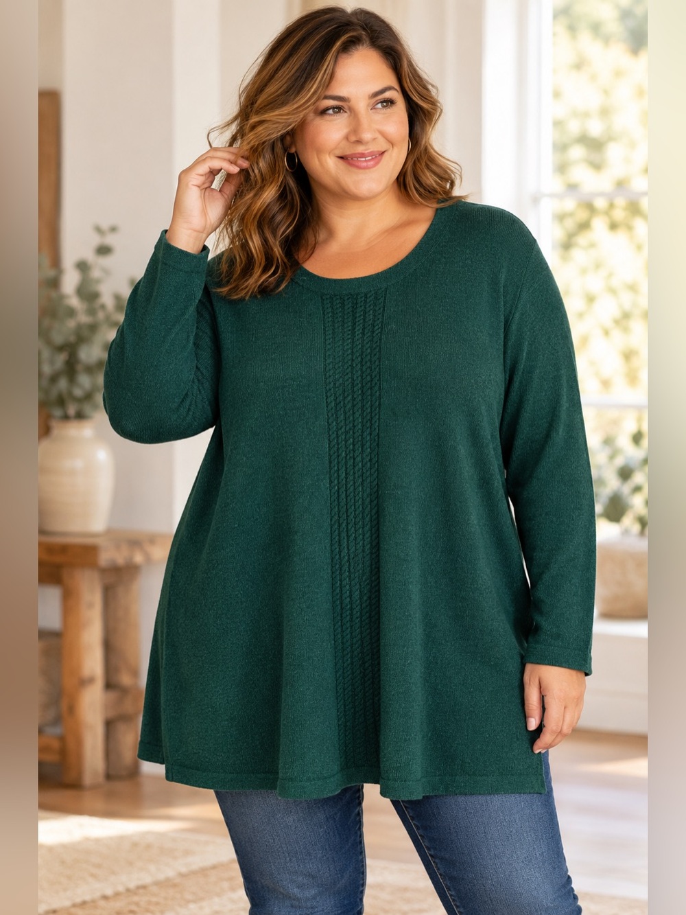 Soft Surroundings 3X Hunter Green Cable Knit Tunic Sweater Cabincore Cottage